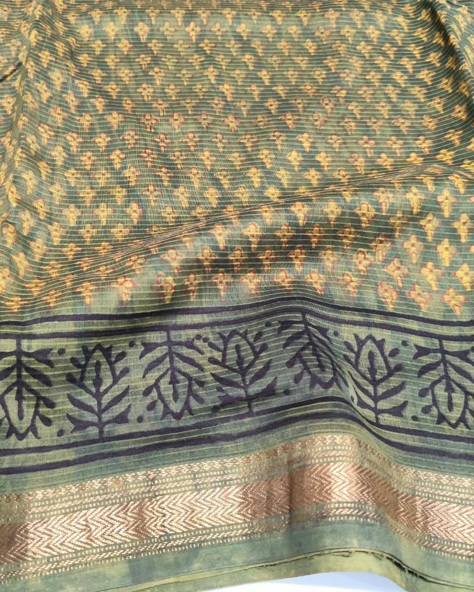 Maheshwari Silk Cotton Saree |  Green | Block Print