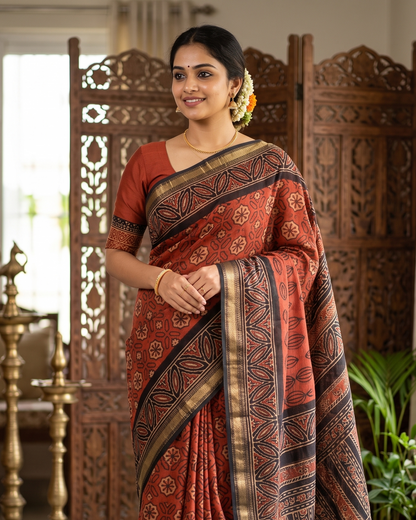 Maheshwari Silk Cotton Saree | Red | Block Print