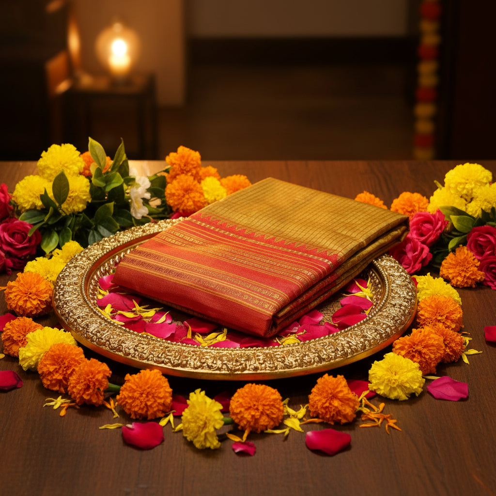 A folded golden-yellow and red silk saree with intricate gold zari embroidery and a decorative border, displayed on a light beige surface.