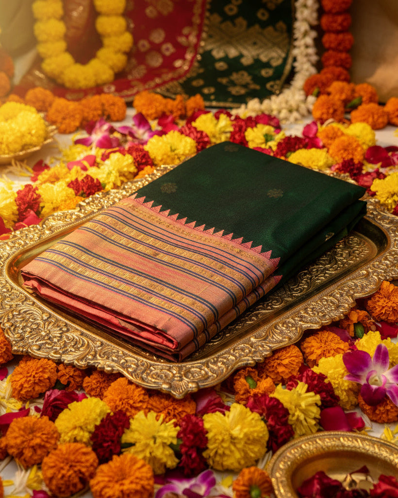 A folded dark green silk saree with a wide pink and gold border, displayed on a light beige surface.