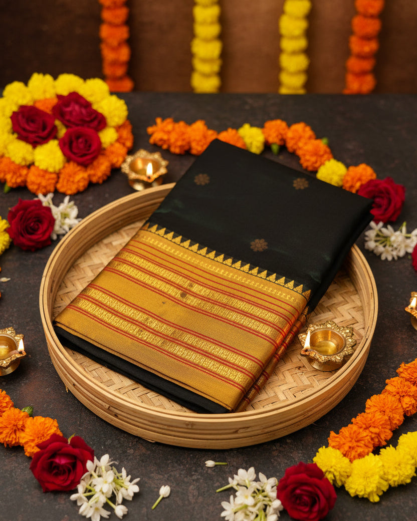 A folded Narayanpeth Green silk saree with a wide golden-yellow border featuring intricate red and gold zari patterns, displayed on a reflective light-colored surface.