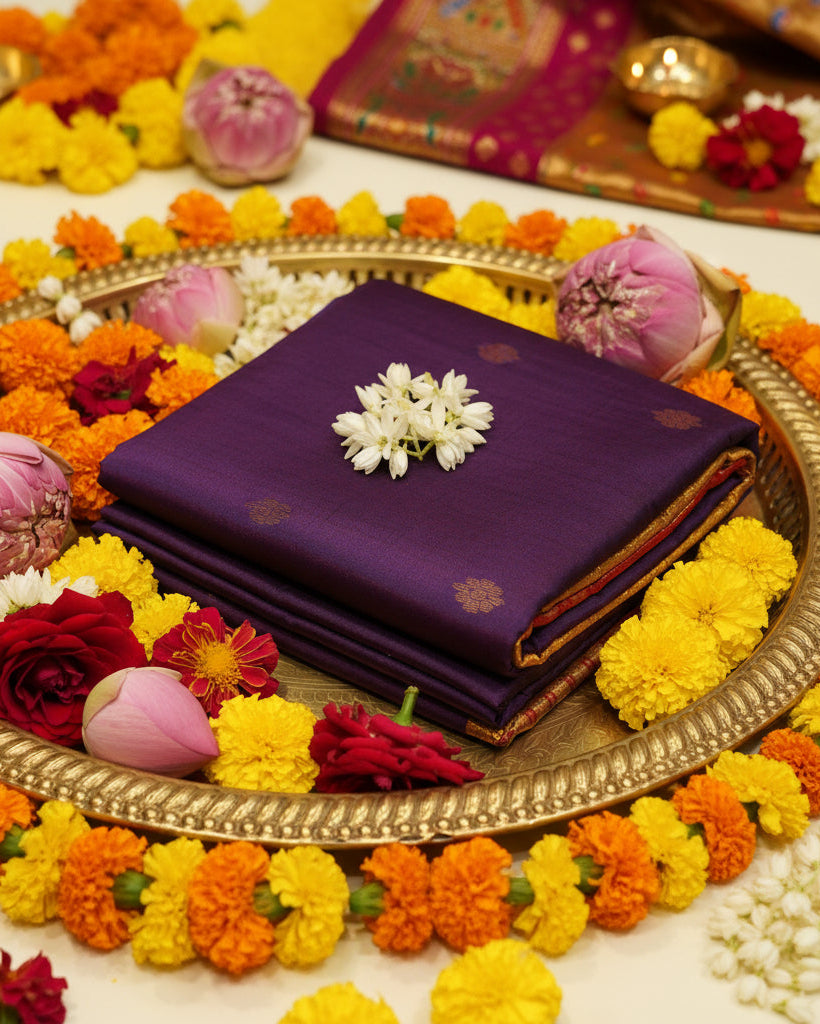 A folded purple silk saree with a wide golden-yellow border featuring intricate geometric patterns and small floral motifs.