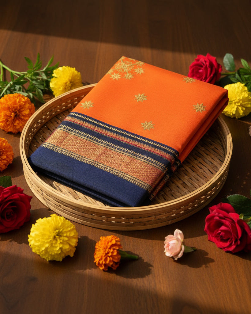 A folded orange Ilkal silk saree featuring a wide navy blue border with intricate gold and red woven patterns and a small embroidered motif near the top.