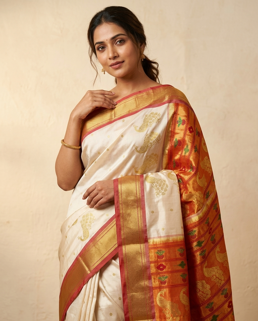 A woman wearing a white silk saree with gold motifs and a wide orange-gold border with red and green floral details, posed against a warm beige textured background.