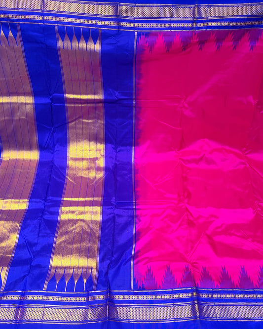 Ilkal Silk Plain Temple Saree | Pink & Blue