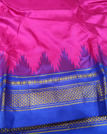 Ilkal Silk Plain Temple Saree | Pink & Blue