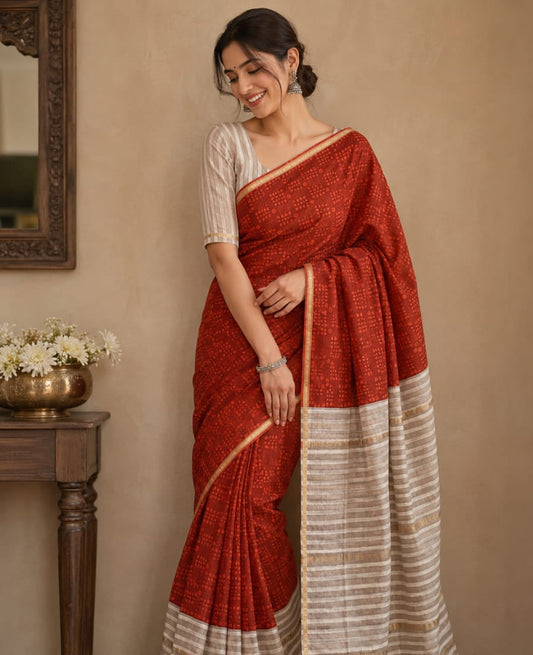 Biege red silk saree with checks pattern & gold zari