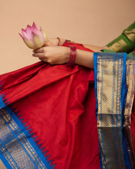 Ilkal Silk Saree with Vibrant red and Blue Border with temple patterns