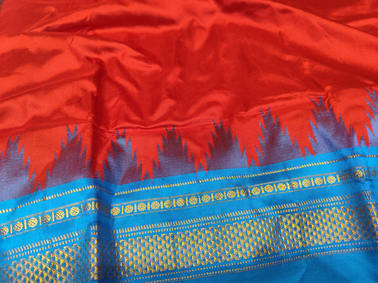 Ilkal Silk Plain Temple Saree | Red & Blue