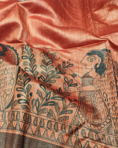 Tussar Silk Madhubani Handpainted Saree | Rust Orange