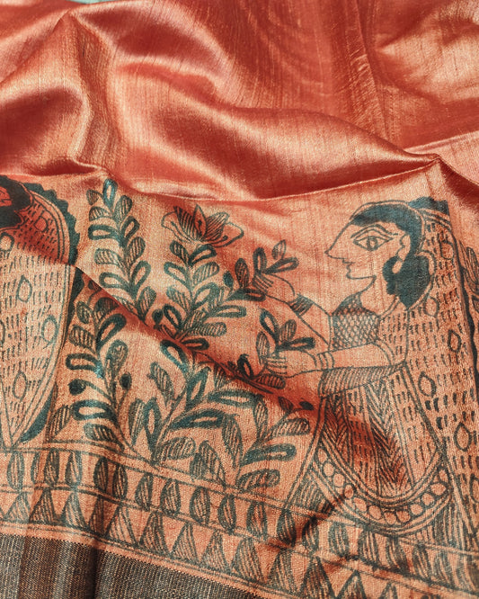 Tussar Silk Madhubani Handpainted Saree | Rust Orange