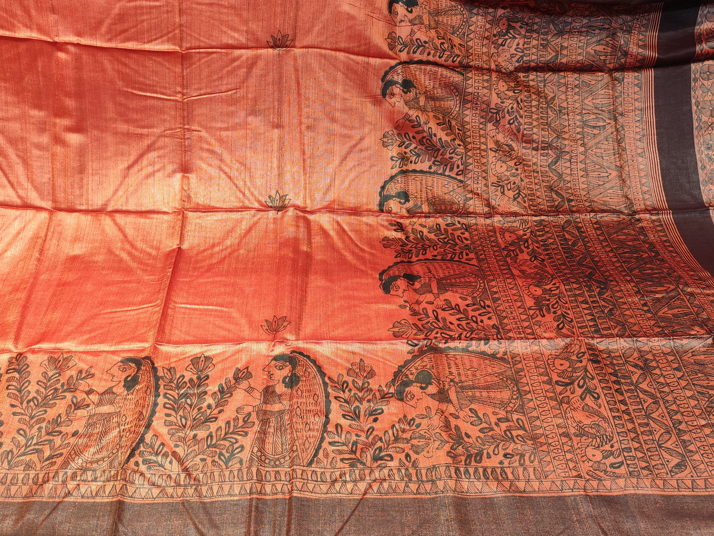 Tussar Silk Madhubani Handpainted Saree | Rust Orange