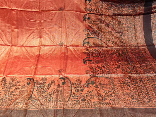 Tussar Silk Madhubani Handpainted Saree | Rust Orange