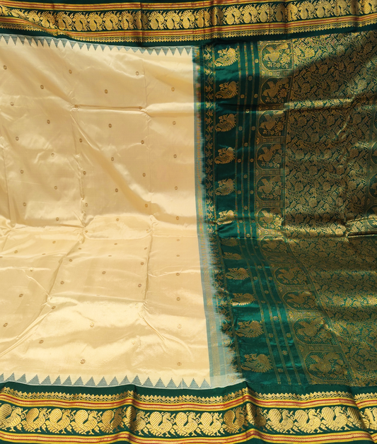 Kadial Silk Saree | Off White & Green