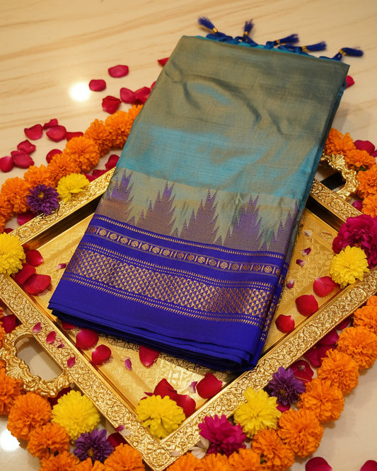 Ilkal Silk Plain Temple Saree | Sky Blue & Dark Blue
