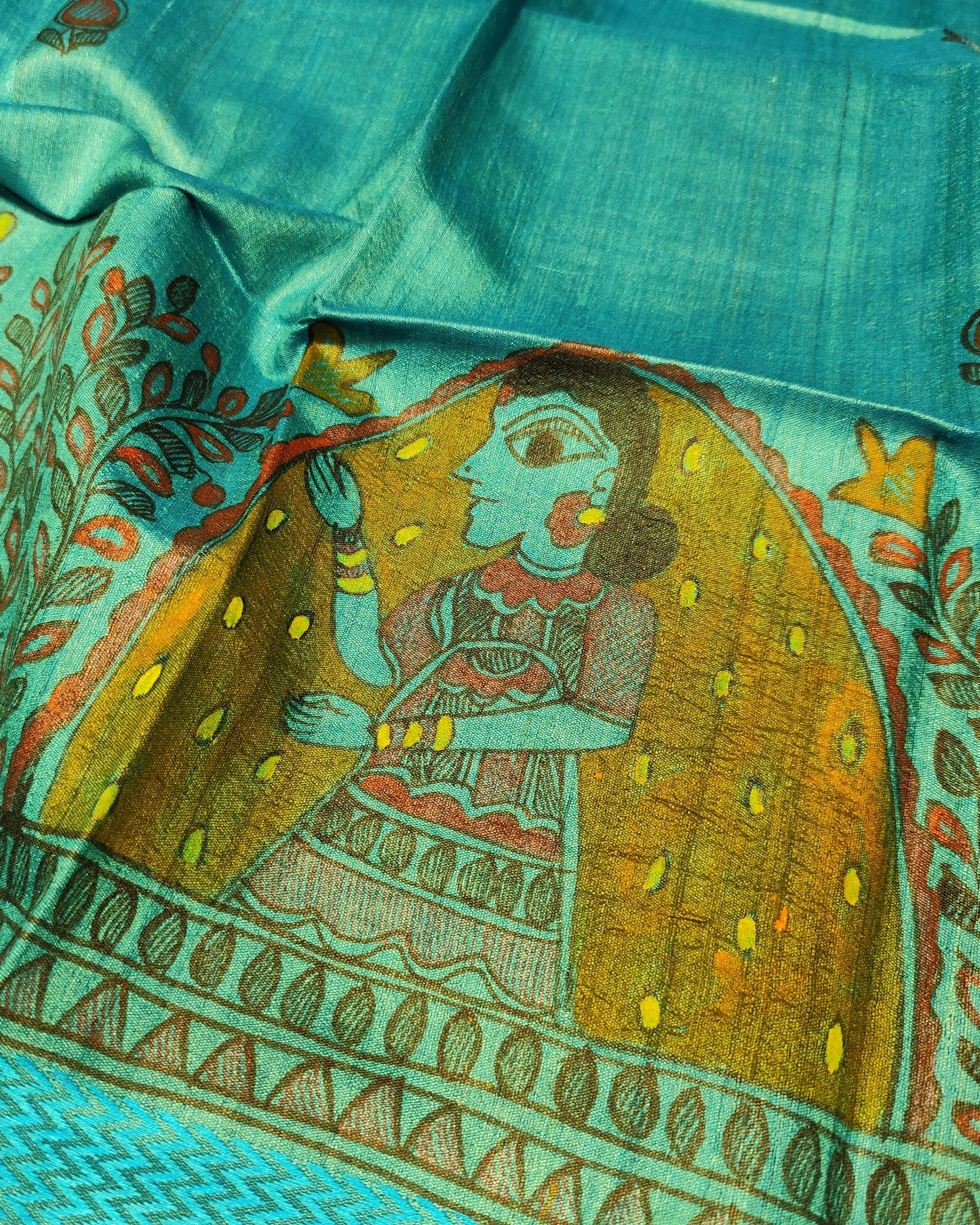 Tussar Silk Madhubani Handpainted Saree | Sky Blue