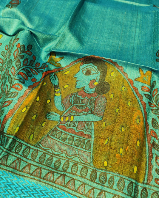 Tussar Silk Madhubani Handpainted Saree | Sky Blue