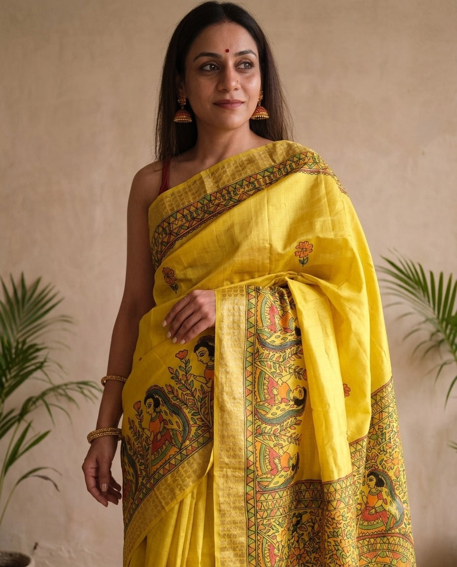 Tussar Silk Madhubani Handpainted Saree | Yellow