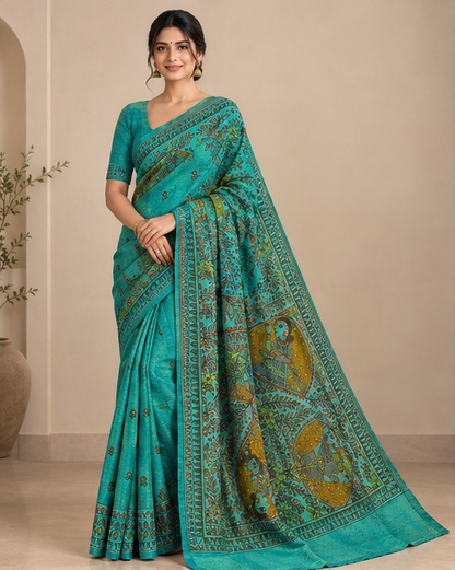 Tussar Silk Madhubani Handpainted Saree | Sky Blue