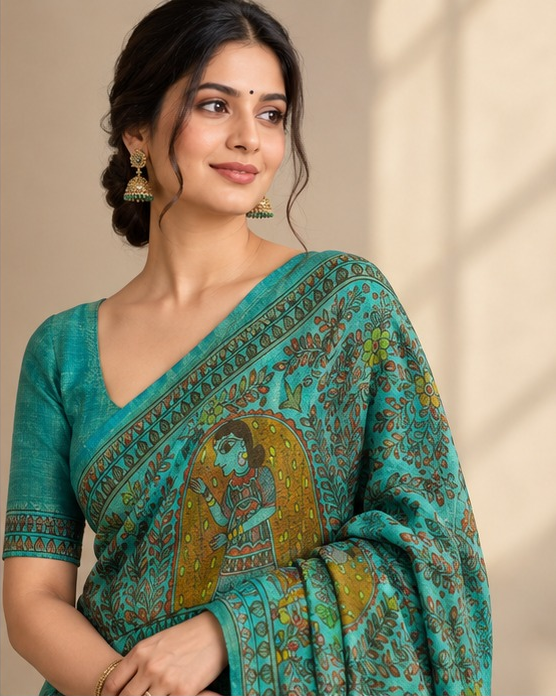 Tussar Silk Madhubani Handpainted Saree | Sky Blue