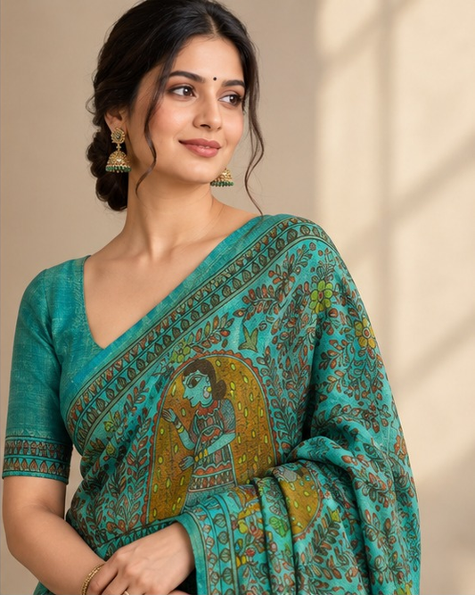 Tussar Silk Madhubani Handpainted Saree | Sky Blue