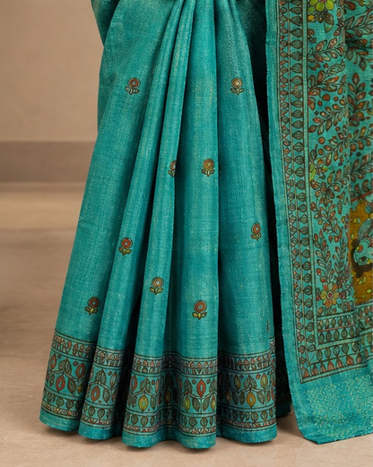 Tussar Silk Madhubani Handpainted Saree | Sky Blue