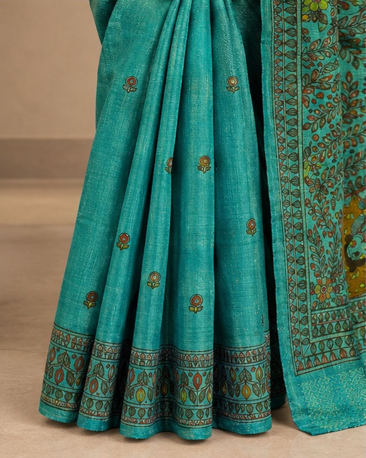 Tussar Silk Madhubani Handpainted Saree | Sky Blue