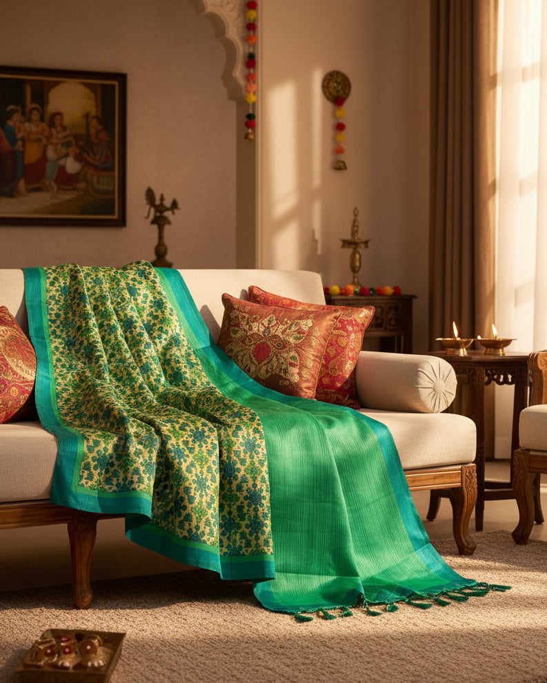 A green and yellow patterned fabric, likely a saree, with a solid green border, displayed flat.