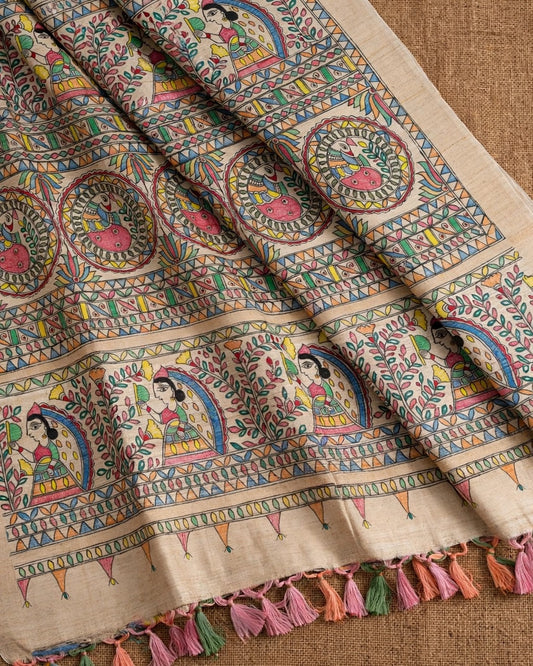 Tussar Silk Madhubani Handpainted Saree | Cream
