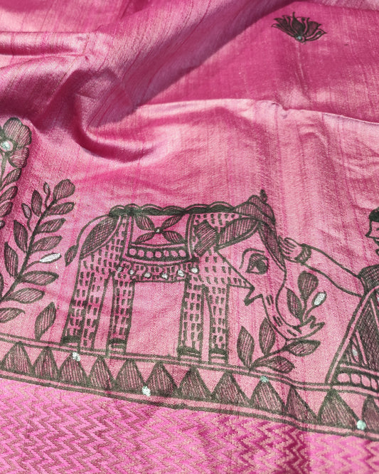 Tussar Silk Madhubani Handpainted Saree | Pink