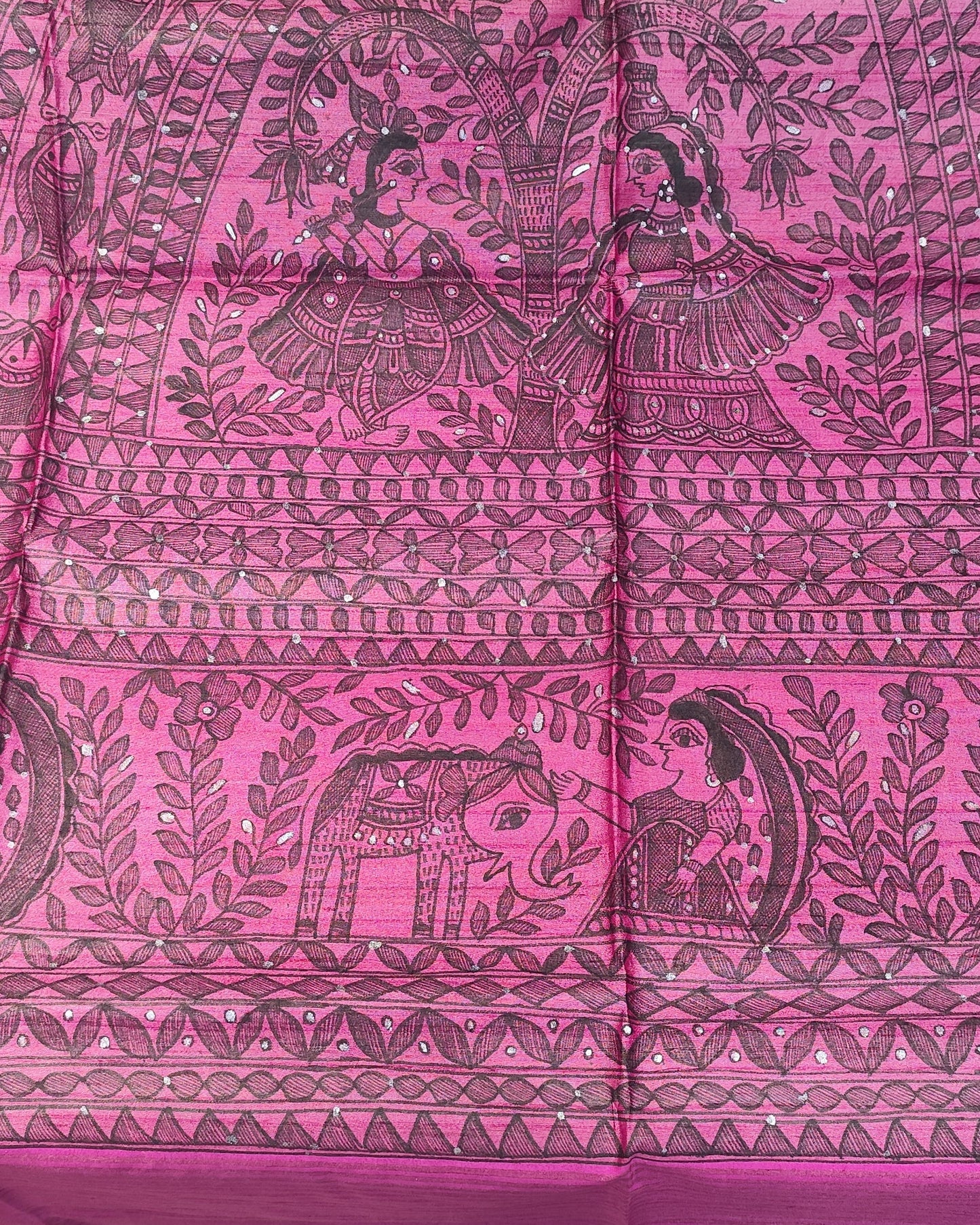 Tussar Silk Madhubani Handpainted Saree | Pink
