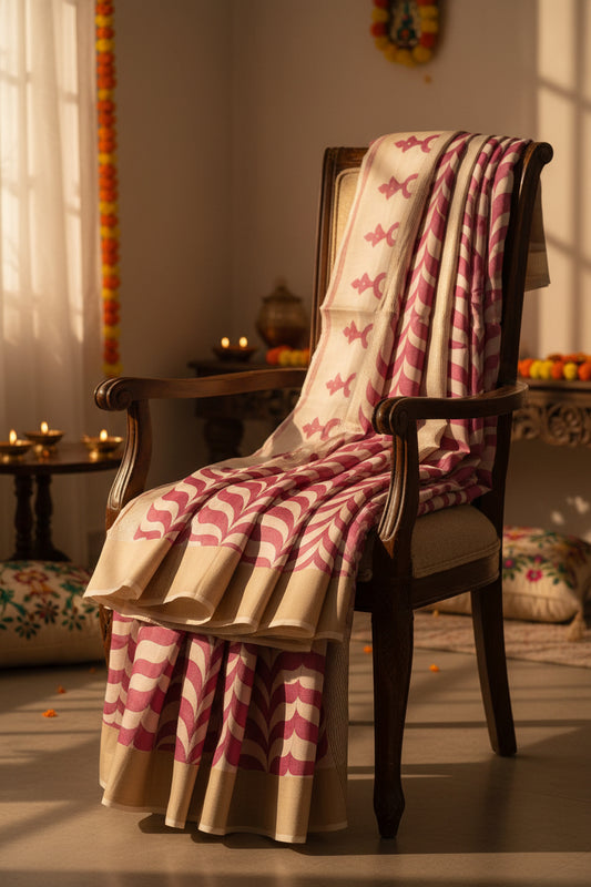 A beige and magenta patterned saree fabric displayed flat, featuring wavy striped motifs and a textured border.