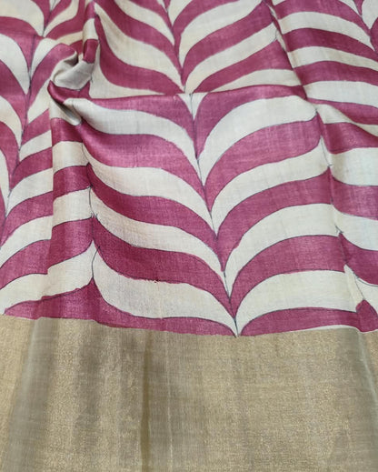 Tussar Silk Printed | Hand Painted | Pink & Cream