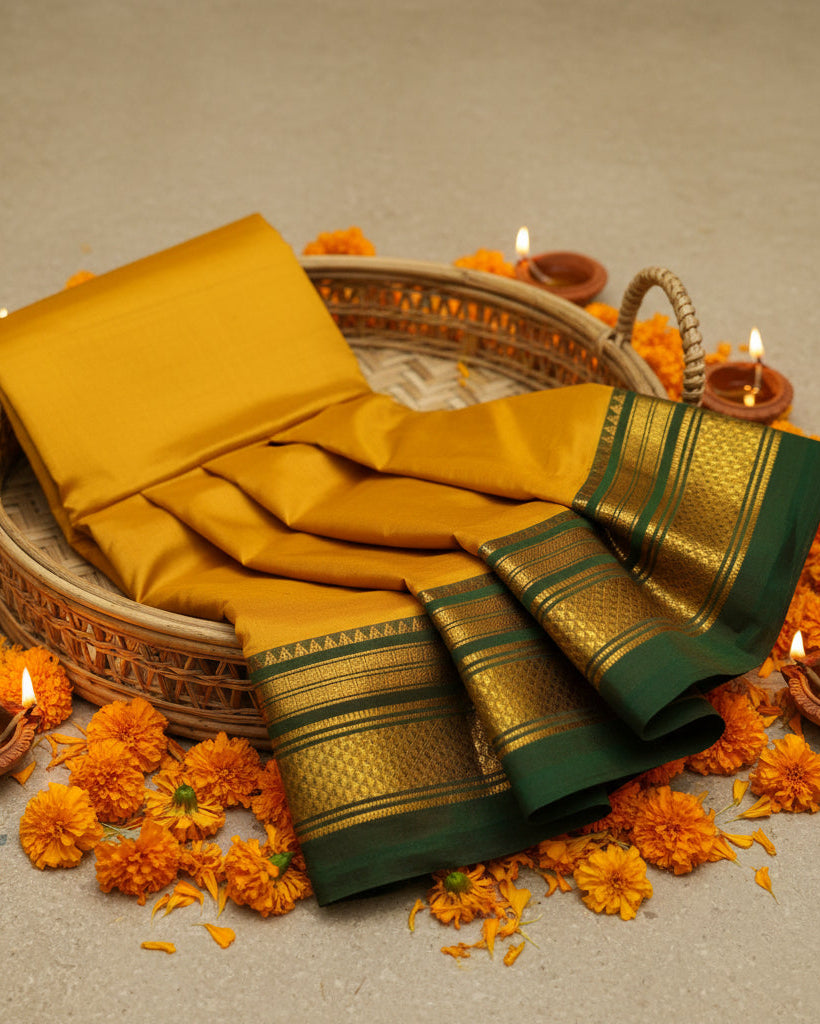 A folded and draped piece of traditional Indian Ilkal silk saree, in a warm golden-yellow color with a wide dark green border featuring intricate gold zari metallic patterns. The fabric is styled in a woven wicker basket decorated with marigold flowers and small burning diya candles on a neutral gray background.