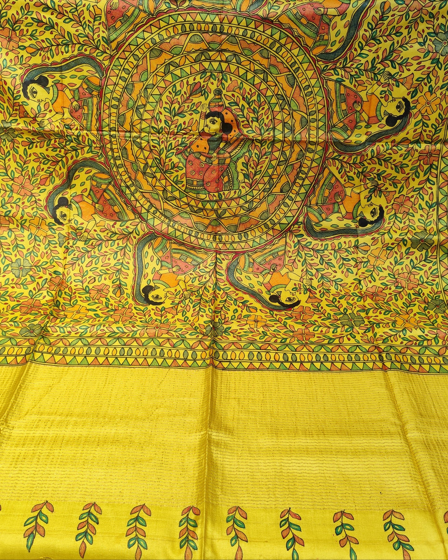 Tussar Silk Madhubani Handpainted Saree | Yellow