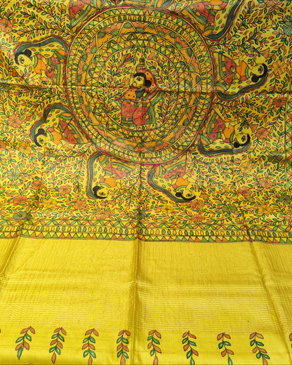 Tussar Silk Madhubani Handpainted Saree | Yellow