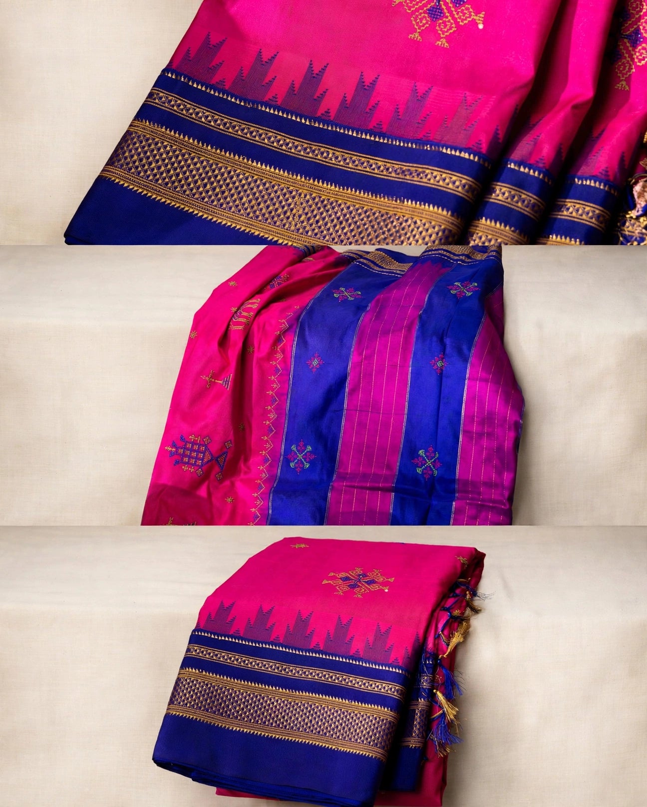 A folded and draped view of a pink and blue silk saree with gold zari borders, shown in three stacked panels on a light beige fabric background.