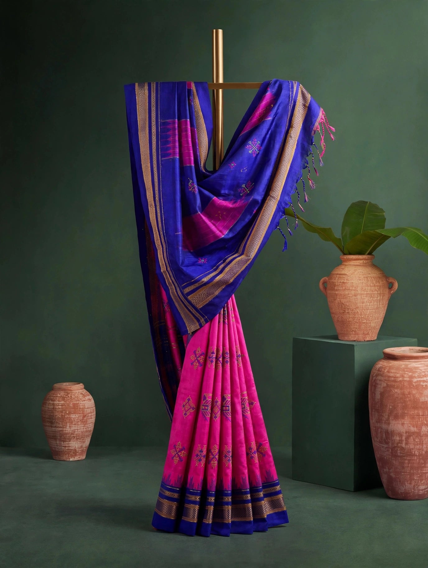 A draped Ilkal silk saree with a magenta-pink body and a royal blue border, displayed on a gold stand against a dark green background with terracotta vases.