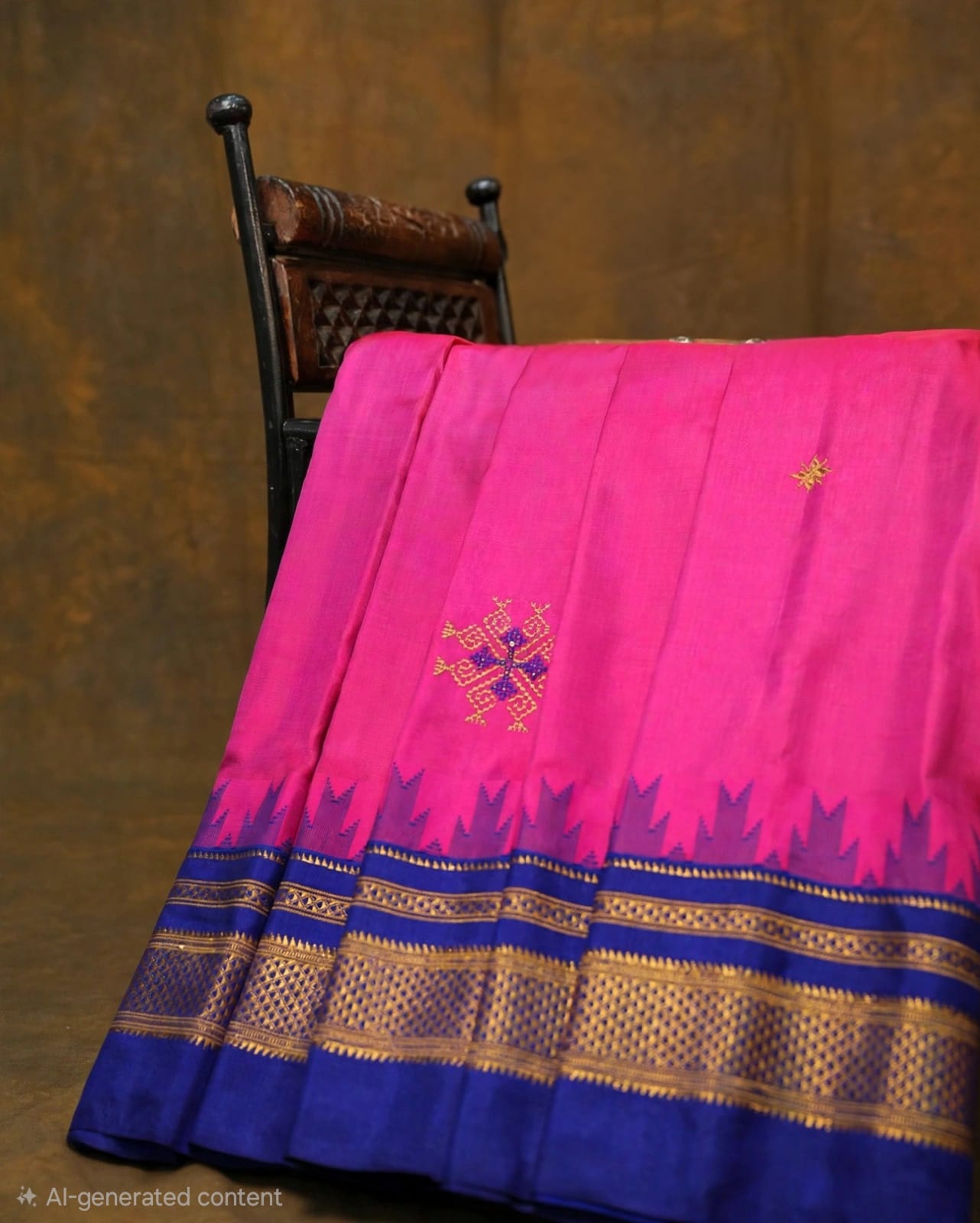 A draped pink and deep blue fabric, likely a sari, with ornate gold zari embroidery and borders, displayed on a dark wooden chair against a textured brown backdrop.