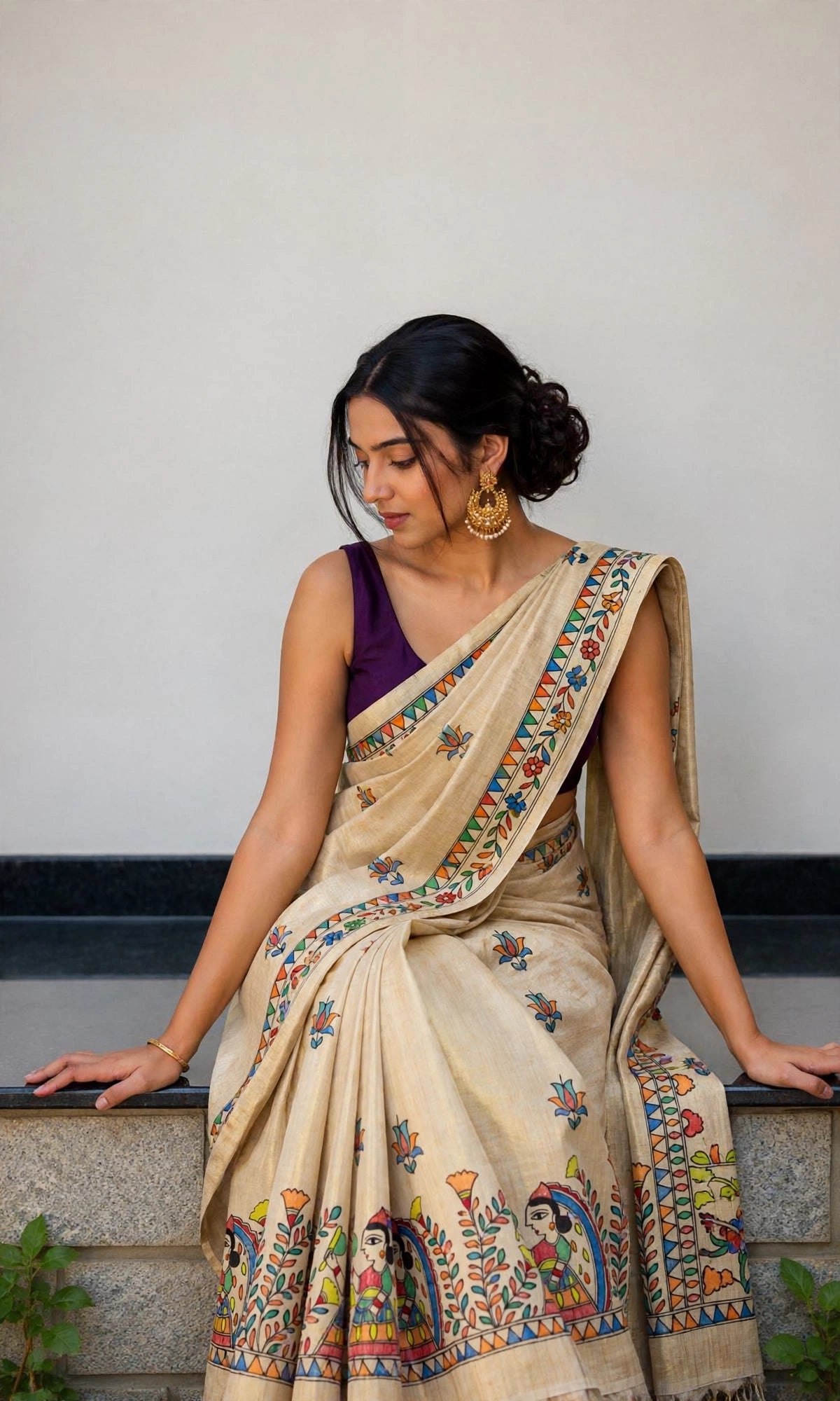 Tussar Silk Madhubani Handpainted Saree | Cream