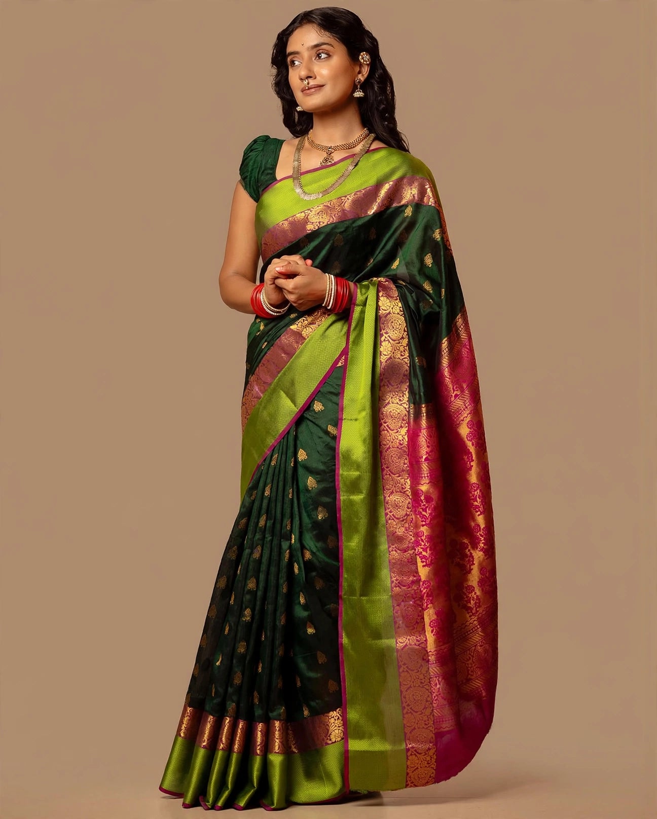 Kanjeevaram Silk Saree | Dark Green & Pink