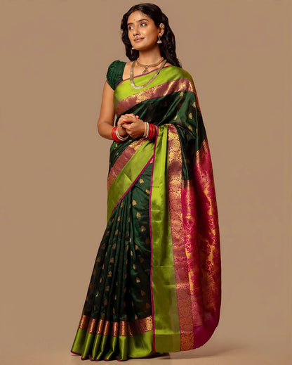 Kanjeevaram Silk Saree | Dark Green & Pink