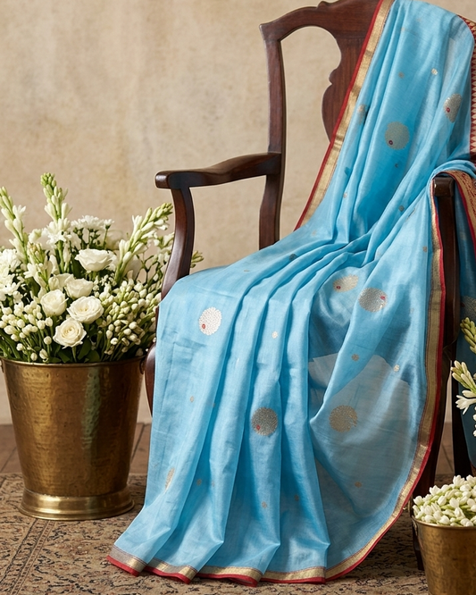 Chanderi Katan Silk Saree | Sky Blue with Red Accents