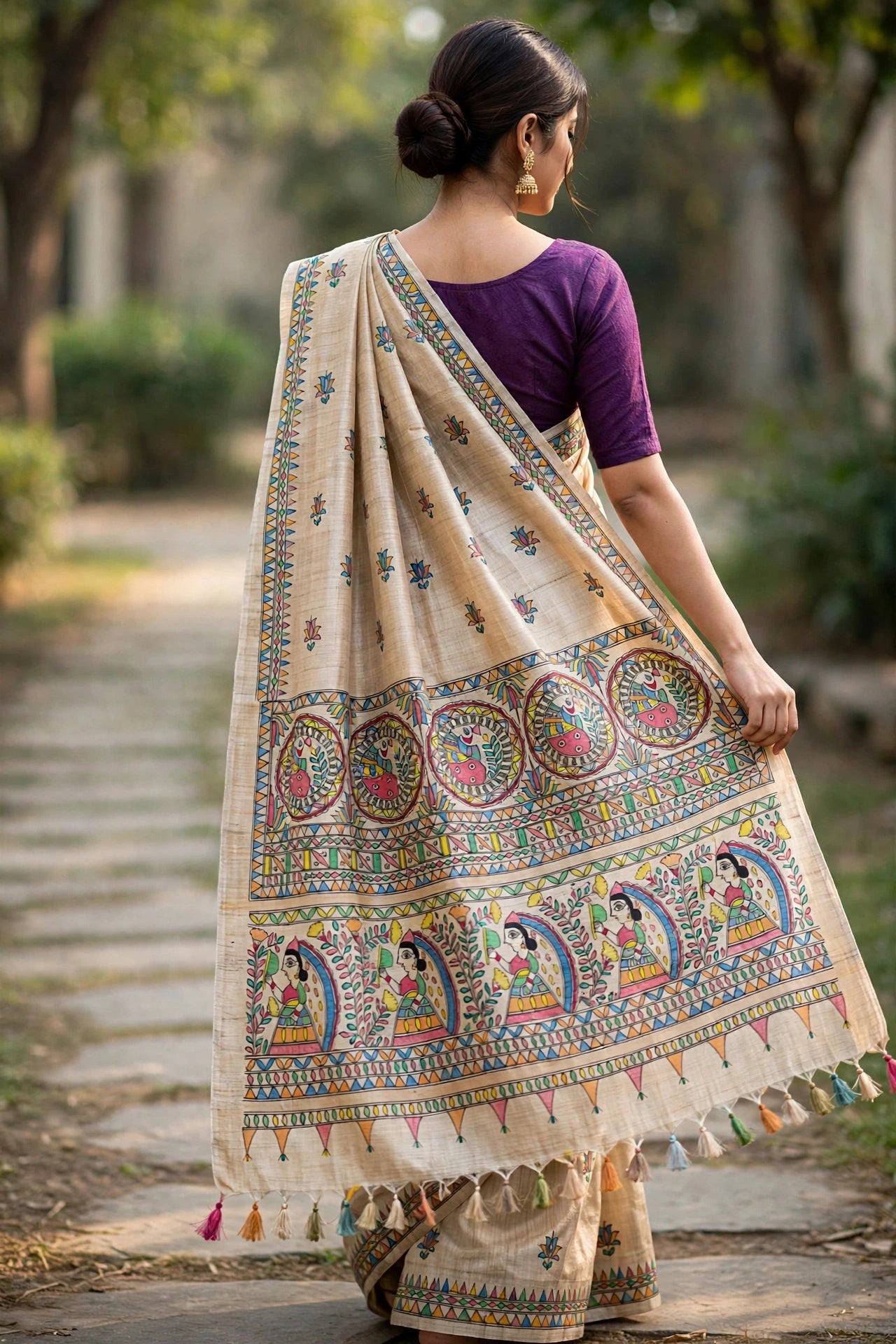Tussar Silk Madhubani Handpainted Saree | Cream
