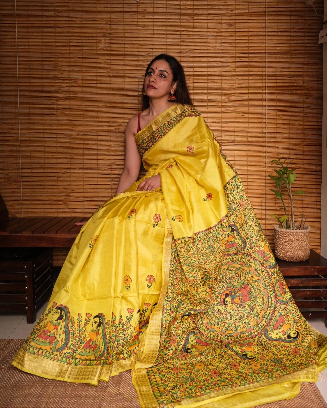 Tussar Silk Madhubani Handpainted Saree | Yellow