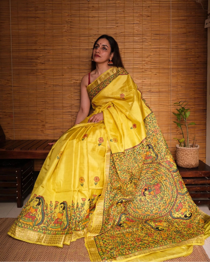 Tussar Silk Madhubani Handpainted Saree | Yellow